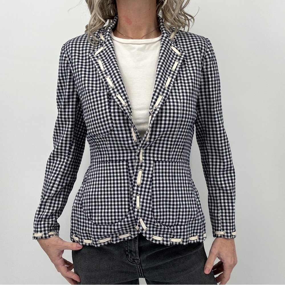 Vintage 90s French Gingham Blazer SAXO Paris Womens FR 36 Small Stretch Jacket